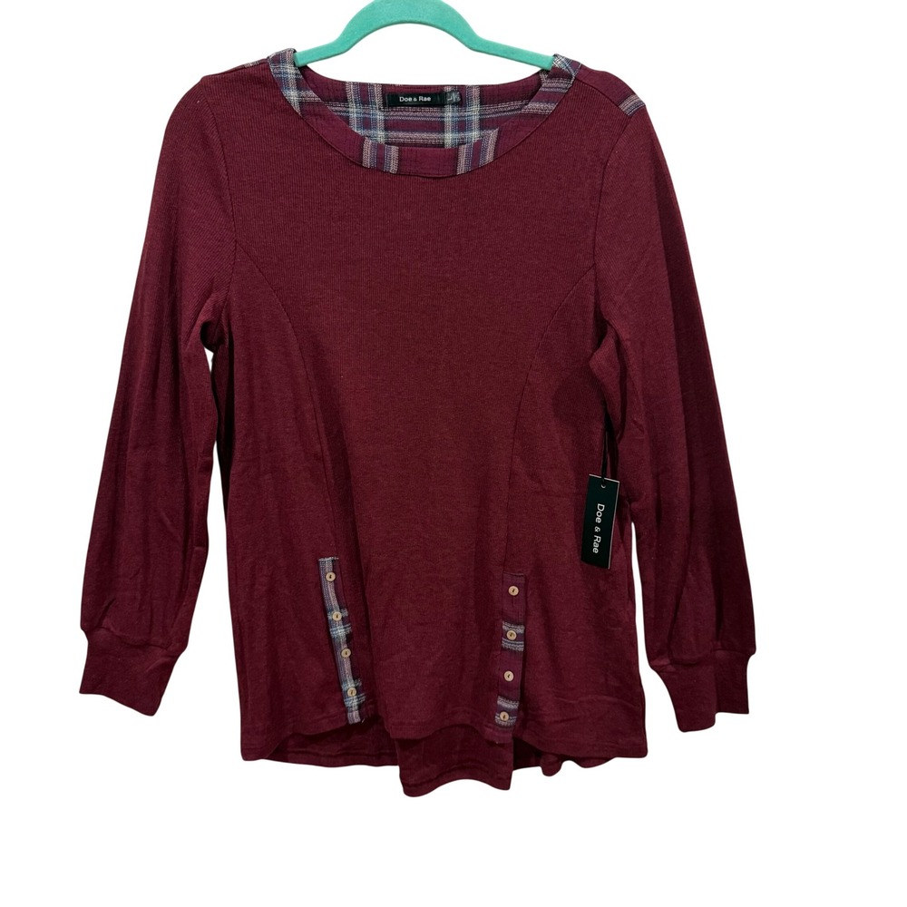 Doe & Rae Burgundy Ribbed Plaid Trim Long Sleeve Top 9552T New L